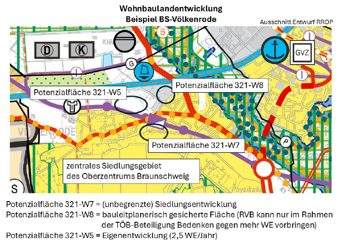 Ausschnitt einer Karte aus dem Entwurf des Flächennutzungsplan, der mehrere Potenzialflächen für Wohnbauentwicklung in Völkenrode zeigt.
